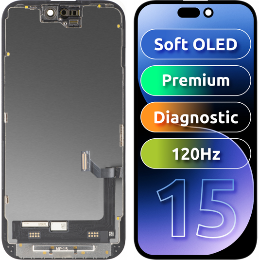 MP Touchscreen Display compatibel met Apple iPhone 15, met Frame, Premium Soft OLED FHD 120Hz Diagnostic Versie, Zwart