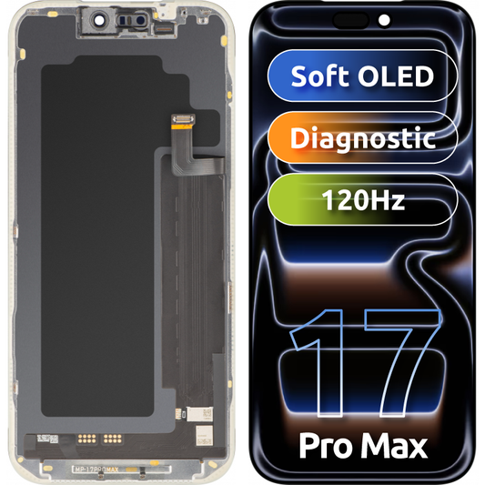 MP Touchscreen Display compatibel met Apple iPhone 17 Pro Max, met Frame, Soft OLED FHD Diagnostic Versie, Zwart