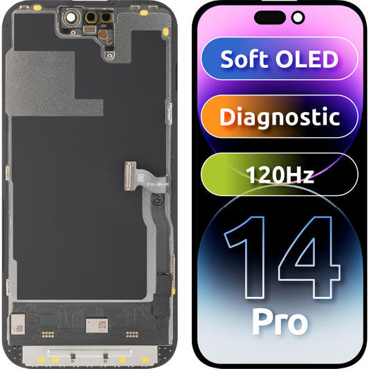 Display met Touchscreen MP compatibel met Apple iPhone 14 Pro, met Frame, Soft OLED 120Hz FHD Diagnostic Versie, Zwart
