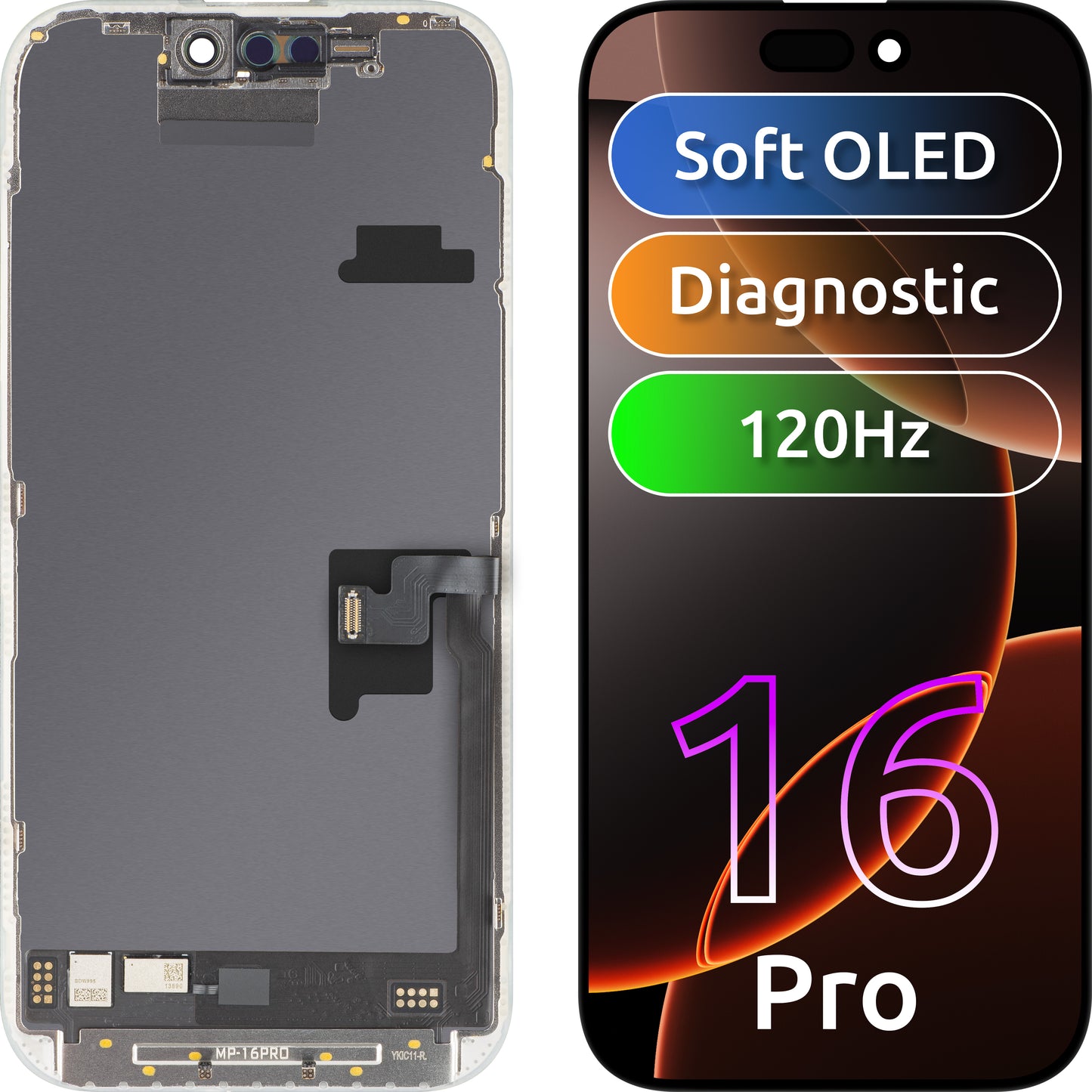 MP Touchscreen Display compatibel met Apple iPhone 16 Pro, met Frame, Softversie OLED FHD 120Hz Diagnostisch, Zwart