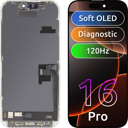 MP Touchscreen Display compatibel met Apple iPhone 16 Pro, met Frame, Softversie OLED FHD 120Hz Diagnostisch, Zwart