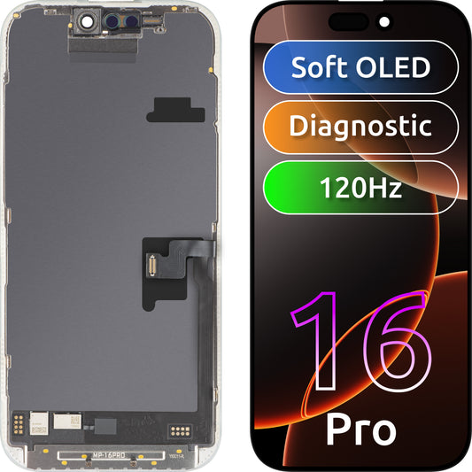 MP Touchscreen Display compatibel met Apple iPhone 16 Pro, met Frame, Softversie OLED FHD 120Hz Diagnostisch, Zwart