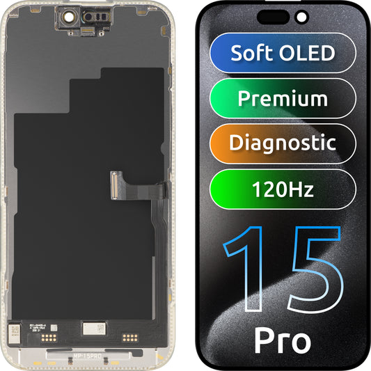 MP Touchscreen Display compatibel met Apple iPhone 15 Pro, met Frame, Premium Soft OLED FHD 120Hz Diagnostic versie, Zwart