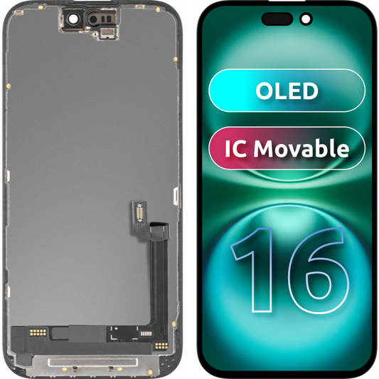 MP Touchscreen Display compatible with Apple iPhone 16, with Frame, Movable IC OLED Version, Black