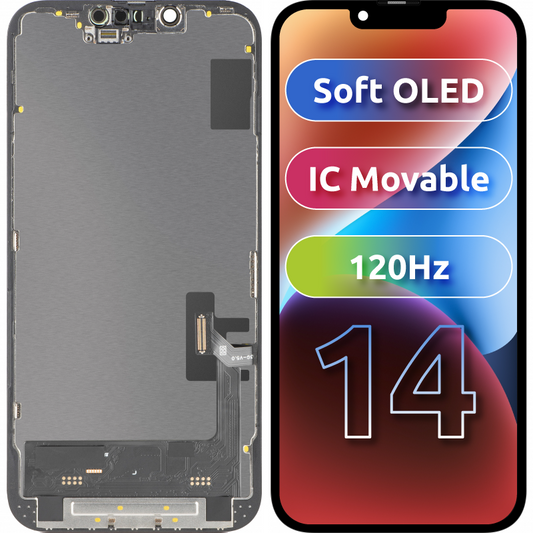 Display met Touchscreen MP compatibel met Apple iPhone 14, met Frame, Soft OLED FHD 120Hz IC Movable Versie, Zwart