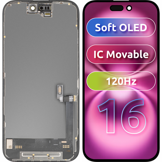 Display met Touchscreen MP compatibel met Apple iPhone 16, met Frame, Soft OLED FHD 120Hz IC Movable Versie, Zwart
