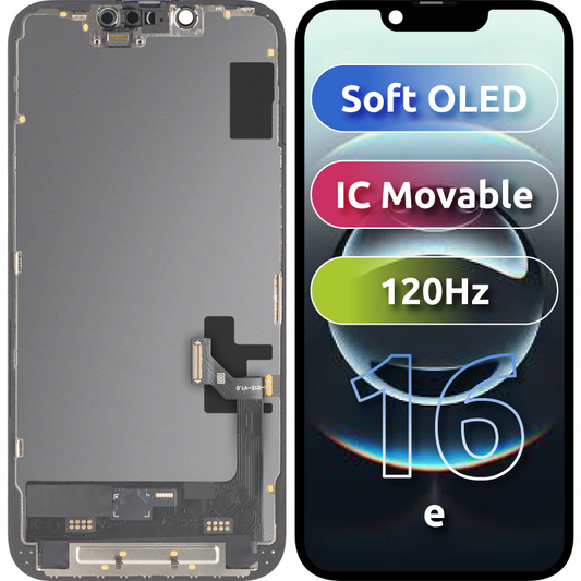 MP Touchscreen-display compatibel met Apple iPhone 17e / 16e, met frame, Soft OLED FHD 120Hz IC verplaatsbare versie, zwart