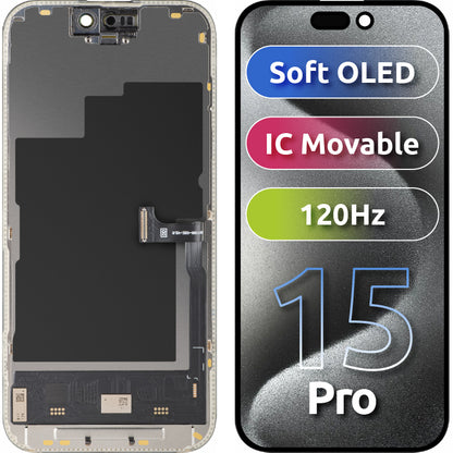 Display met Touchscreen MP compatibel met Apple iPhone 15 Pro, met Frame, Soft OLED IC Movable 120Hz FHD Versie, Zwart