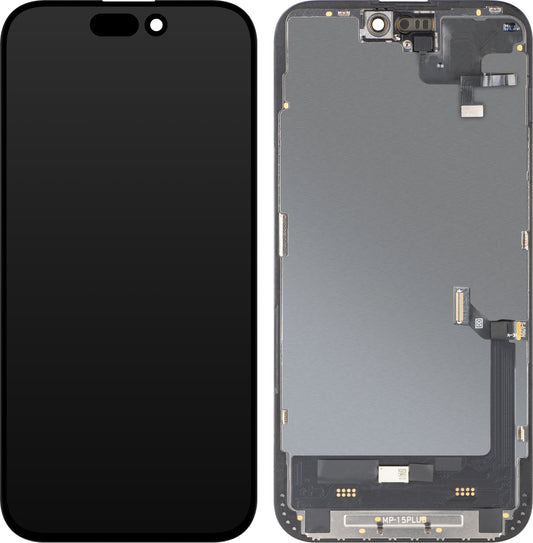 Touchscreen-display met nabijheidssensor MP compatibel met Apple iPhone 15 Plus, met frame, Soft OLED FHD Diagnostic-versie, zwart