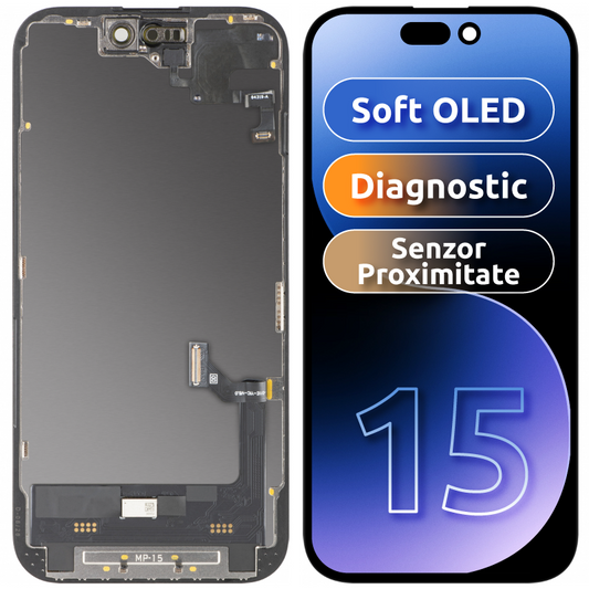 Display met touchscreen en nabijheidssensor MP compatibel met Apple iPhone 15, met frame, Soft OLED FHD Diagnostic versie, zwart