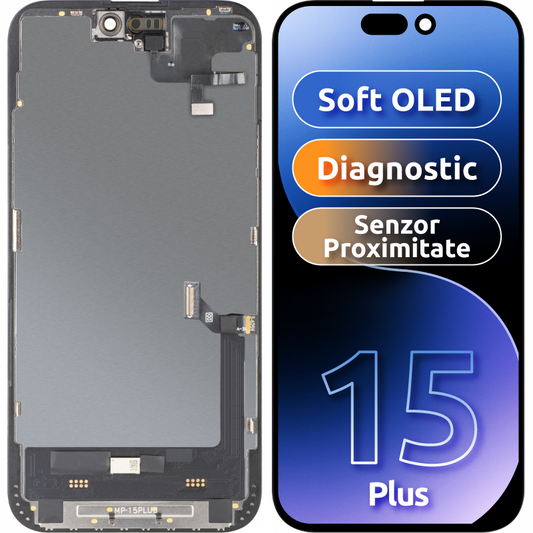 Touchscreen-display met nabijheidssensor MP compatibel met Apple iPhone 15 Plus, met frame, Soft OLED FHD Diagnostic-versie, zwart