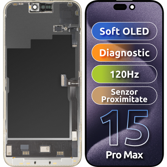 Touchscreen-display en nabijheidssensor MP compatibel met Apple iPhone 15 Pro Max, met frame, Soft OLED FHD 120Hz Diagnostic versie, zwart