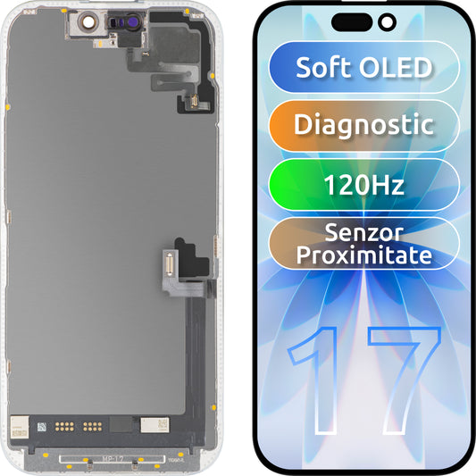 Touchscreen-display en nabijheidssensor MP compatibel met Apple iPhone 17, met frame, Soft OLED FHD 120Hz Diagnostic versie, zwart