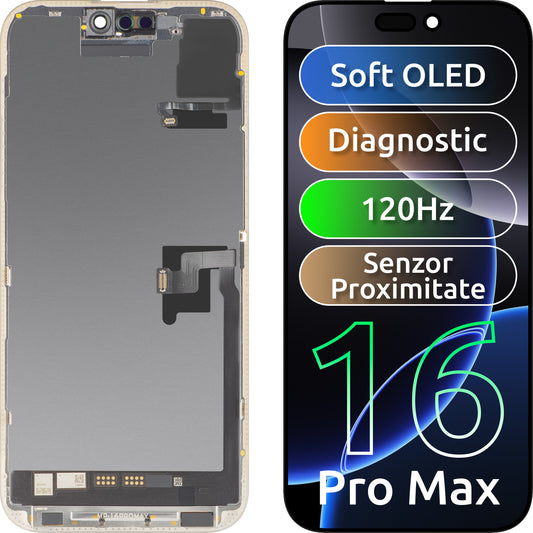 Touchscreen-display met nabijheidssensor MP compatibel met Apple iPhone 16 Pro Max, met frame, Soft OLED FHD 120Hz Diagnostic versie, zwart