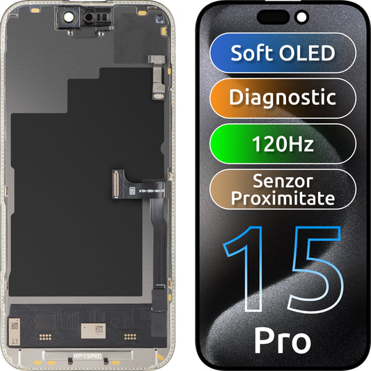 Touchscreen-display en nabijheidssensor MP compatibel met Apple iPhone 15 Pro, met frame, Soft OLED FHD 120Hz Diagnostic versie, zwart