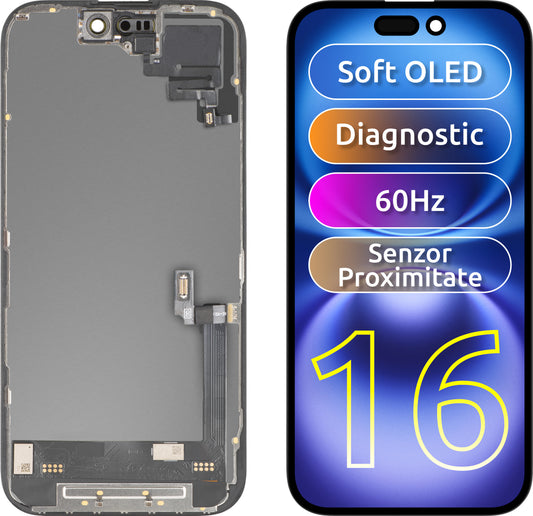 Touchscreen-display met nabijheidssensor MP compatibel met Apple iPhone 16, met frame, OLED FHD Diagnostic Soft versie, zwart