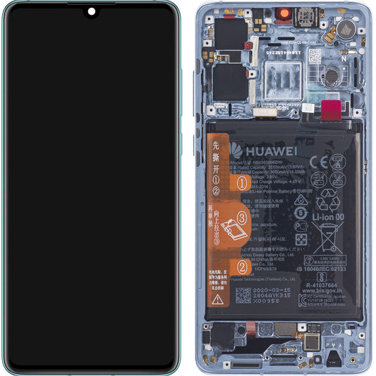 Huawei P30 Touchscreen Display, with Frame and Battery, Blue (Breathing Crystal), Service Pack 02354HMF