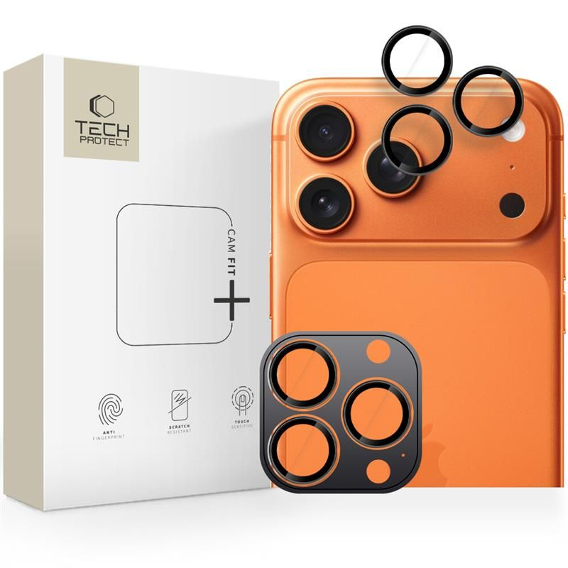 Beschermfolie Tech-Protect CamRing Fit+ voor de achtercamera van Apple iPhone 17 Pro Max / 17 Pro / 16 Pro Max, Gehard Glas, Zwart
