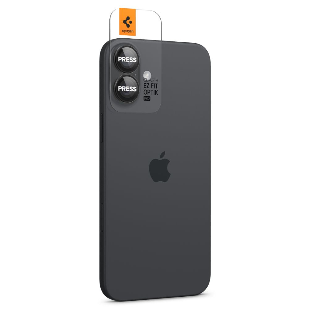 Spigen EZ FIT Beschermfolie voor Achtercamera voor Apple iPhone 16 Plus / 16, Glasbescherming, Set van 2 stuks, Zwart AGL07921 AGL07921