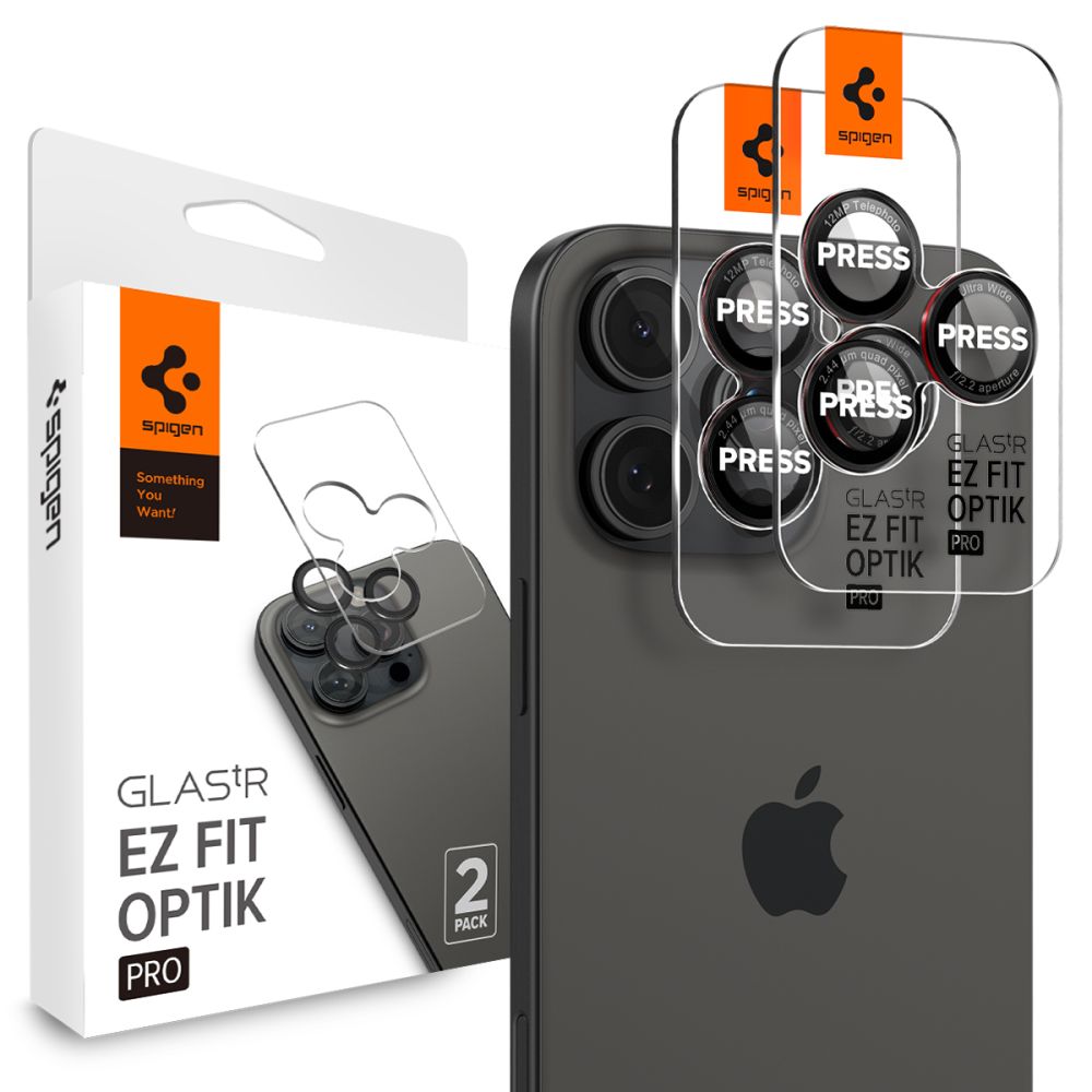 Spigen EZ FIT Achtercamera Beschermfolie voor Apple iPhone 16 Pro Max / 16 Pro / 15 Pro Max, Glasbeschermd, Set 2 stuks, Zwart AGL05217 