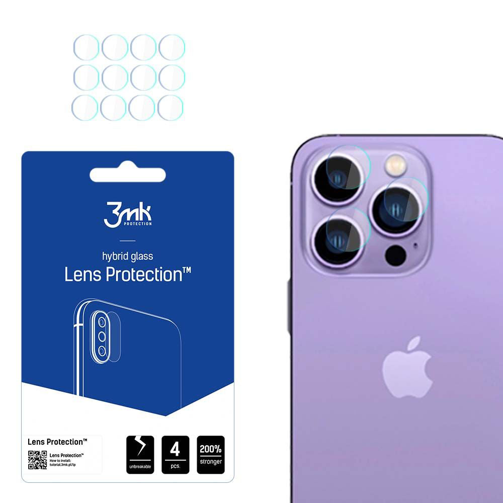 3MK Protection Achtercamera Beschermfolie voor Apple iPhone 14 Pro Max / 14 Pro, Flexibel Glas, Set van 4 Stuks, Transparant