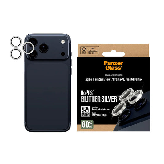 Beschermfolie PanzerGlass Hoops Glitter voor Apple iPhone 17 Pro Max / 17 Pro / 16 Pro Max / 16 Pro, Gehard Glas, Zilverkleurig