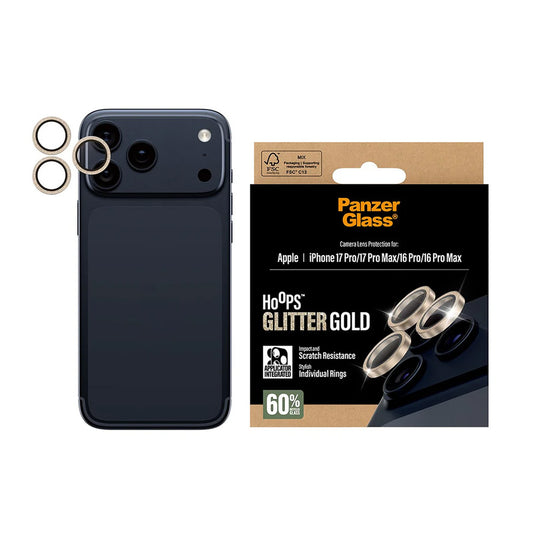 Beschermfolie Achtercamera PanzerGlass Hoops Glitter voor Apple iPhone 17 Pro Max / 17 Pro / 16 Pro Max / 16 Pro, Gehard Glas, Goudkleurig