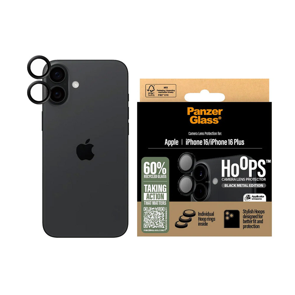 Beschermfolie PanzerGlass Hoops voor de achtercamera van Apple iPhone 16 Plus / 16, Gehard Glas, Zwart