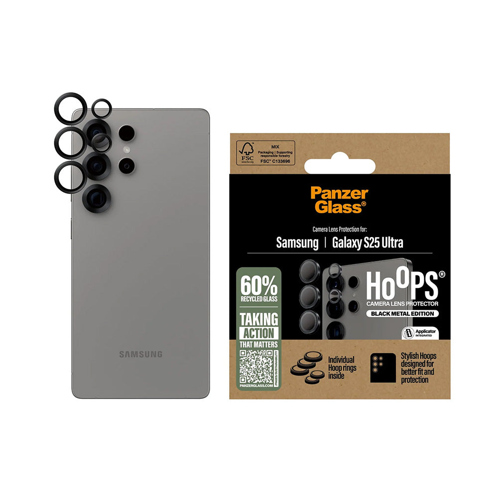 Beschermfolie PanzerGlass Hoops voor de achtercamera van Samsung Galaxy S25 Ultra S938, Gehard Glas, Zwart