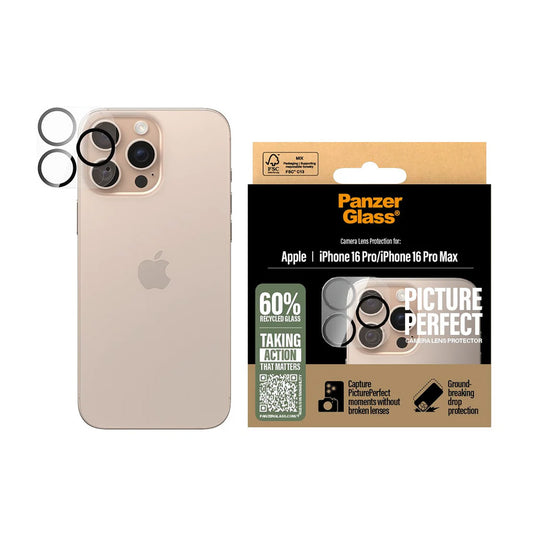 Beschermfolie Achtercamera PanzerGlass PicturePerfect voor Apple iPhone 16 Pro Max / 16 Pro, Gehard Glas, Transparant