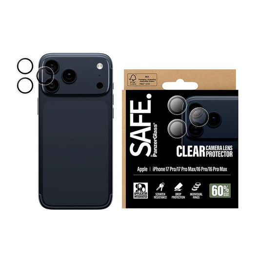 Beschermfolie PanzerGlass Safe voor de achtercamera. voor Apple iPhone 17 Pro Max / 17 Pro / 16 Pro Max / 16 Pro, Gehard Glas, Transparant