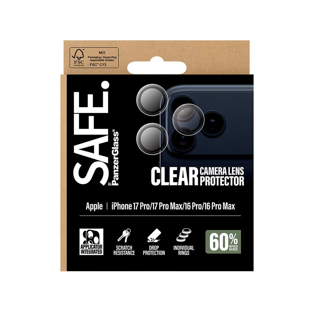 Beschermfolie PanzerGlass Safe voor de achtercamera. voor Apple iPhone 17 Pro Max / 17 Pro / 16 Pro Max / 16 Pro, Gehard Glas, Transparant