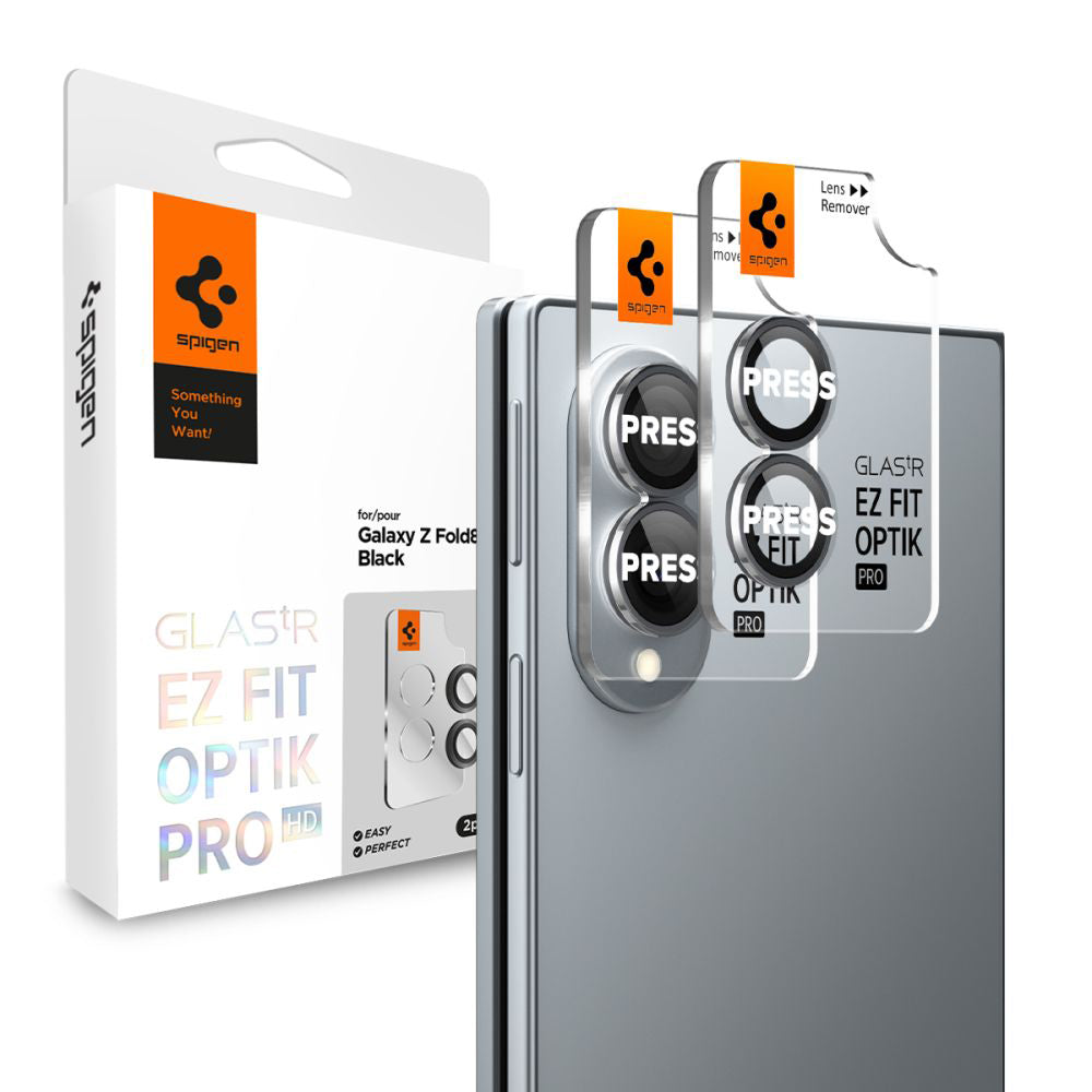 Beschermfolie Achtercamera Spigen GlastR EZ FIT Optik Pro HD voor Samsung Galaxy Z Fold8 F971, Gehard Glas, Set van 2 stuks, Zwart AGL11944