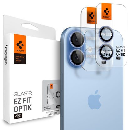 Beschermfolie Achtercamera Spigen GlastR EZ FIT Optik Pro voor Apple iPhone 17 / 16 Plus / 16, Gehard Glas, Set van 2 stuks, Blauw