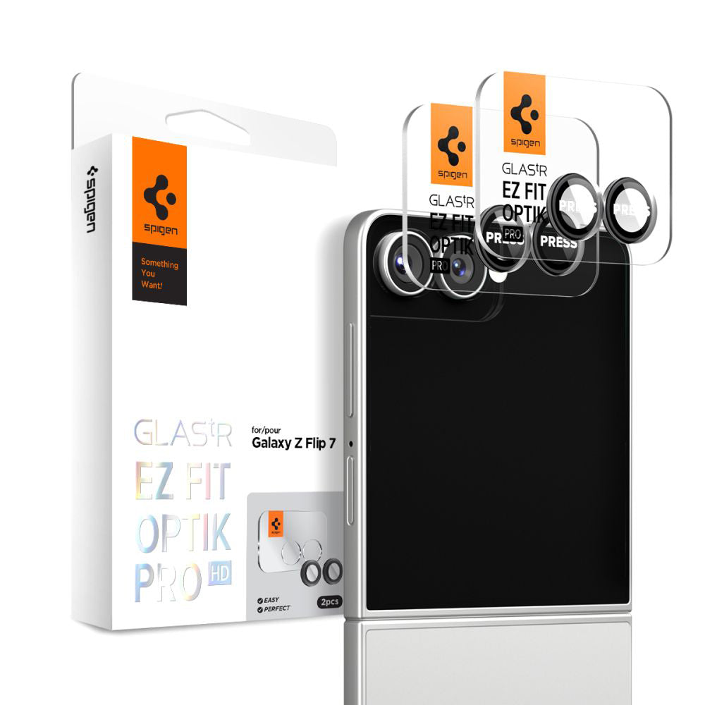 Beschermfolie Achtercamera Spigen GlastR EZ FIT Optik Pro HD voor Samsung Galaxy Z Flip7 F766, Gehard Glas, Set van 2 stuks, Zwart AGL09587