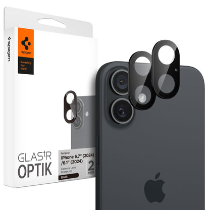 Beschermfolie Achtercamera Spigen GlastR Optik voor Apple iPhone 16 Plus / 16, Gehard Glas, Set van 2 stuks, Zwart AGL07922