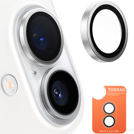 Beschermfolie Torras Lensguard voor de achtercamera van Apple iPhone 16 Plus / 16, Gehard Glas, Metallic Grijs