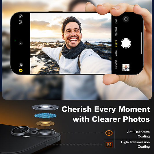 Beschermfolie Torras Lensguard voor de achtercamera van Apple iPhone 16 Plus / 16, Gehard Glas, Zwart