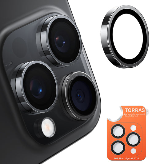 Torras Lensguard Achtercamera Beschermfolie voor Apple iPhone 16 Pro Max / 16 Pro, Gehard Glas, Zwart