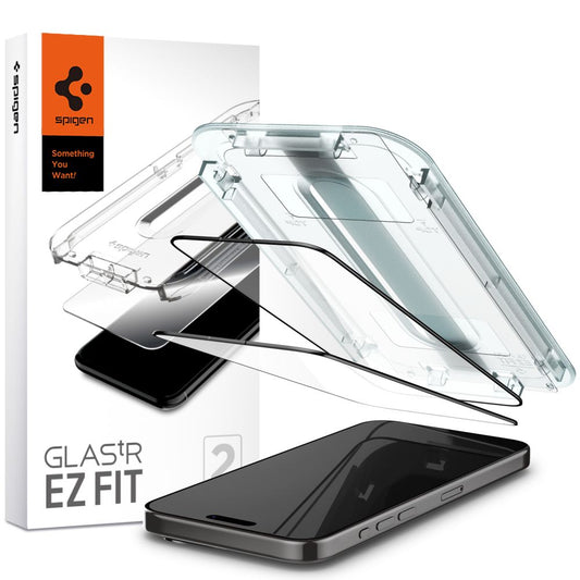 Spigen EZ FIT Screen Protector voor Apple iPhone 15 Pro Max, Glas Afgeschermd, Volledig gelijmd, Set 2 stuks, 2.5D, Zwart AGL06873 AGL06873 