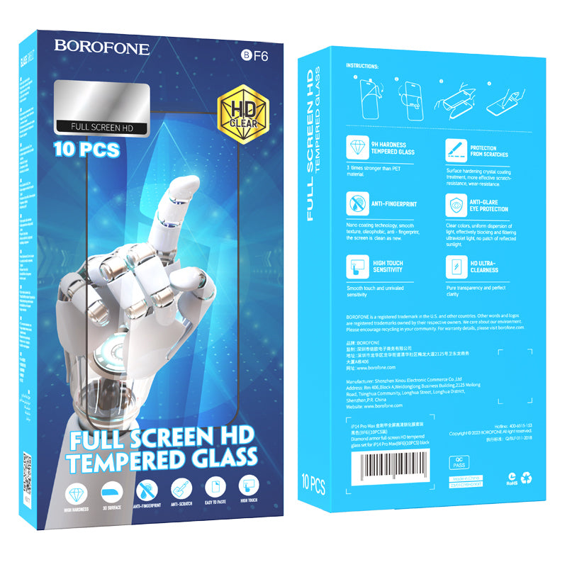 Borofone BF6 Diamond Armor Beschermfolie voor Apple iPhone 17e / 16e / 14 / 13 Pro, Gehard Glas, Volledige Lijm, Set van 10 stuks, Zwart