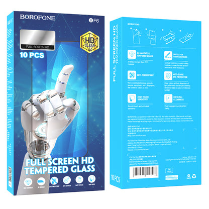 Borofone BF6 Diamond Armor Beschermfolie voor Apple iPhone 17e / 16e / 14 / 13 Pro, Gehard Glas, Volledige Lijm, Set van 10 stuks, Zwart
