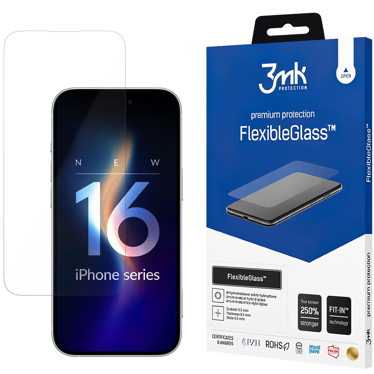 3MK FlexibleGlass Screen Protector for Apple iPhone 16, Flexible Glass, Full Glue