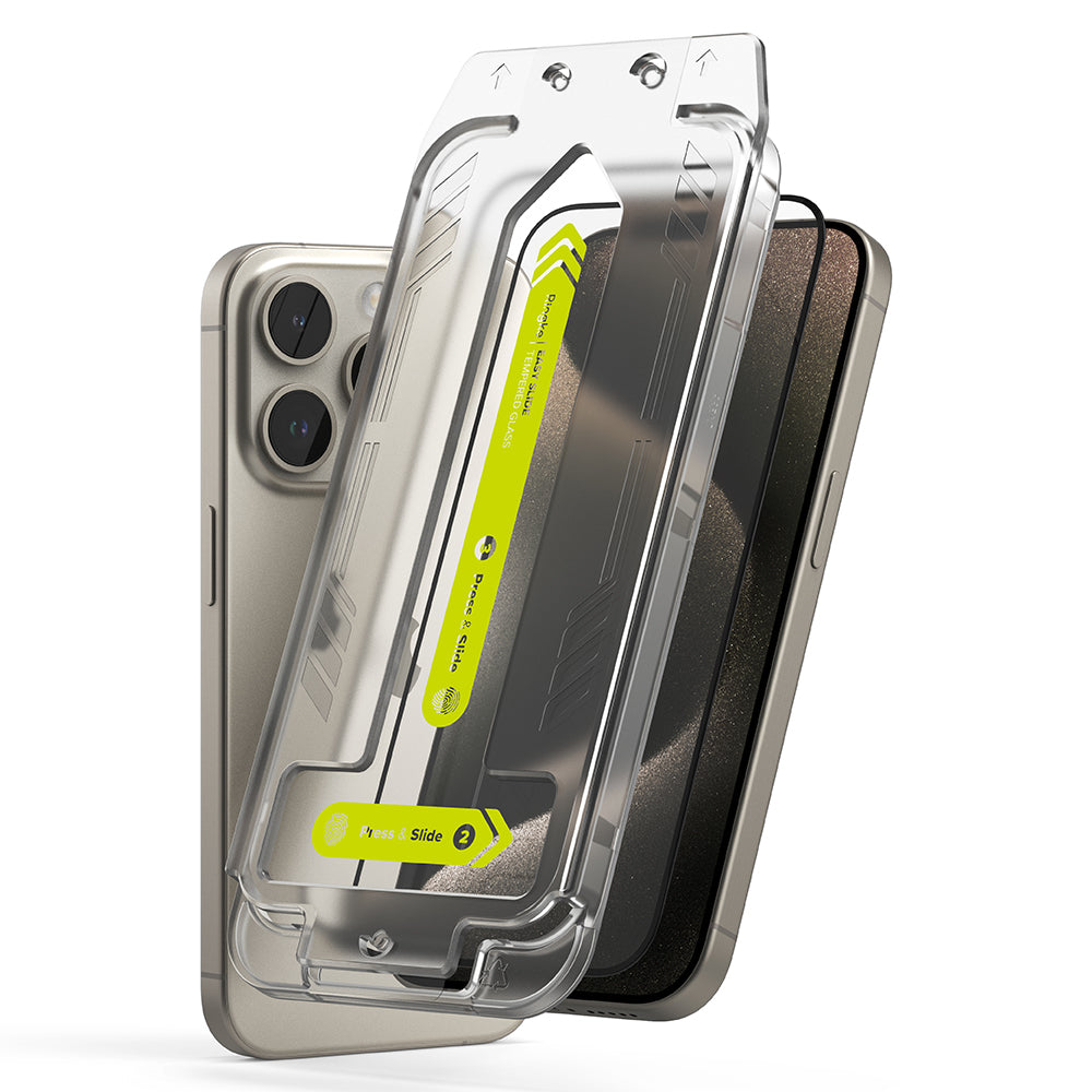 Beschermfolie Ringke Easy Slide voor Apple iPhone 15 Pro Max, Gehard Glas, Volledige Lijm, Set van 2 Stuks, Zwart