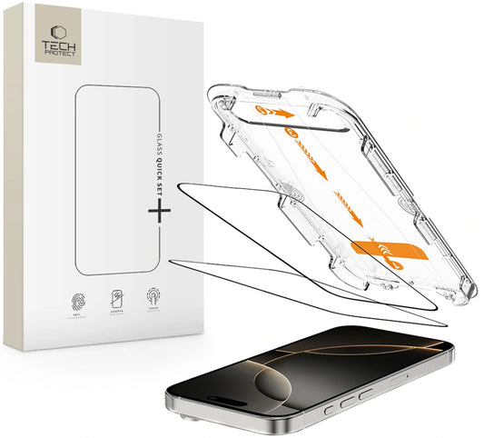 Beschermfolie Tech-Protect Quick Set+ voor Apple iPhone 16 Pro, Gehard Glas, Volledige Lijm, Set van 2 stuks, Zwart