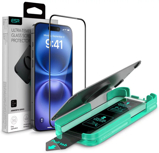 Beschermfolie ESR Armorite voor Apple iPhone 16, Gehard Glas, Volledige Lijm, Zwart