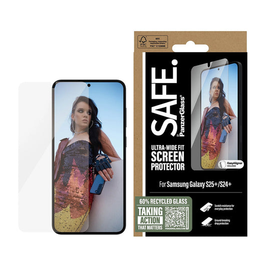 PanzerGlass Safe schermbeschermfolie. Ultra-Wide Fit EasyAligner voor Samsung Galaxy S25+ S936, gehard glas, volledige lijm, opnieuw verzegeld
