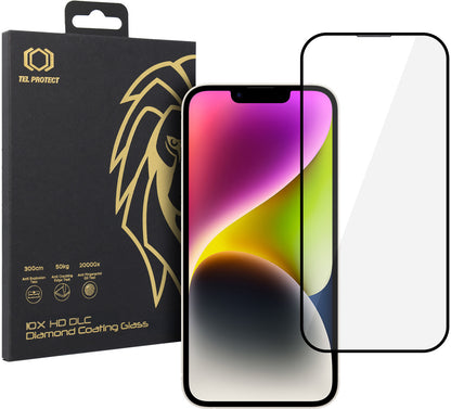 Tel Protect 10X HD DLC Diamond Coating Screen Protector for Apple iPhone 17e / 16e / 14 / 13 Pro / 13, Tempered Glass, Full Glue, Black