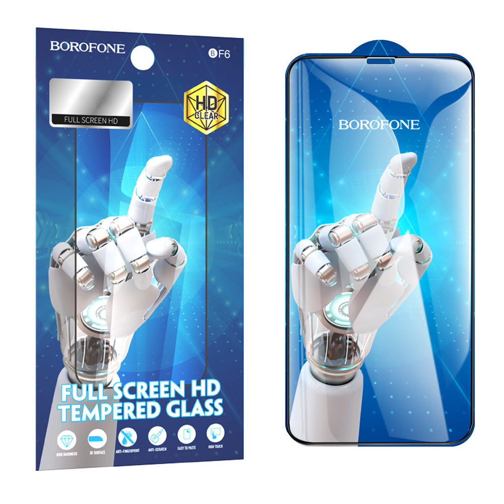 Borofone BF6 Diamond Armor Beschermfolie voor Apple iPhone 17e / 16e / 14 / 13 Pro, Gehard Glas, Volledige Lijm, Set van 10 stuks, Zwart