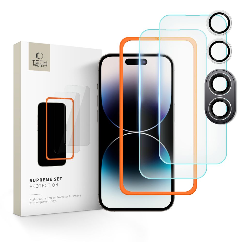 Tech-Protect Supreme Scherm- en Camerabeschermfolie voor Apple iPhone 16 Plus, Glasbeschermd, Volledig gelijmd 